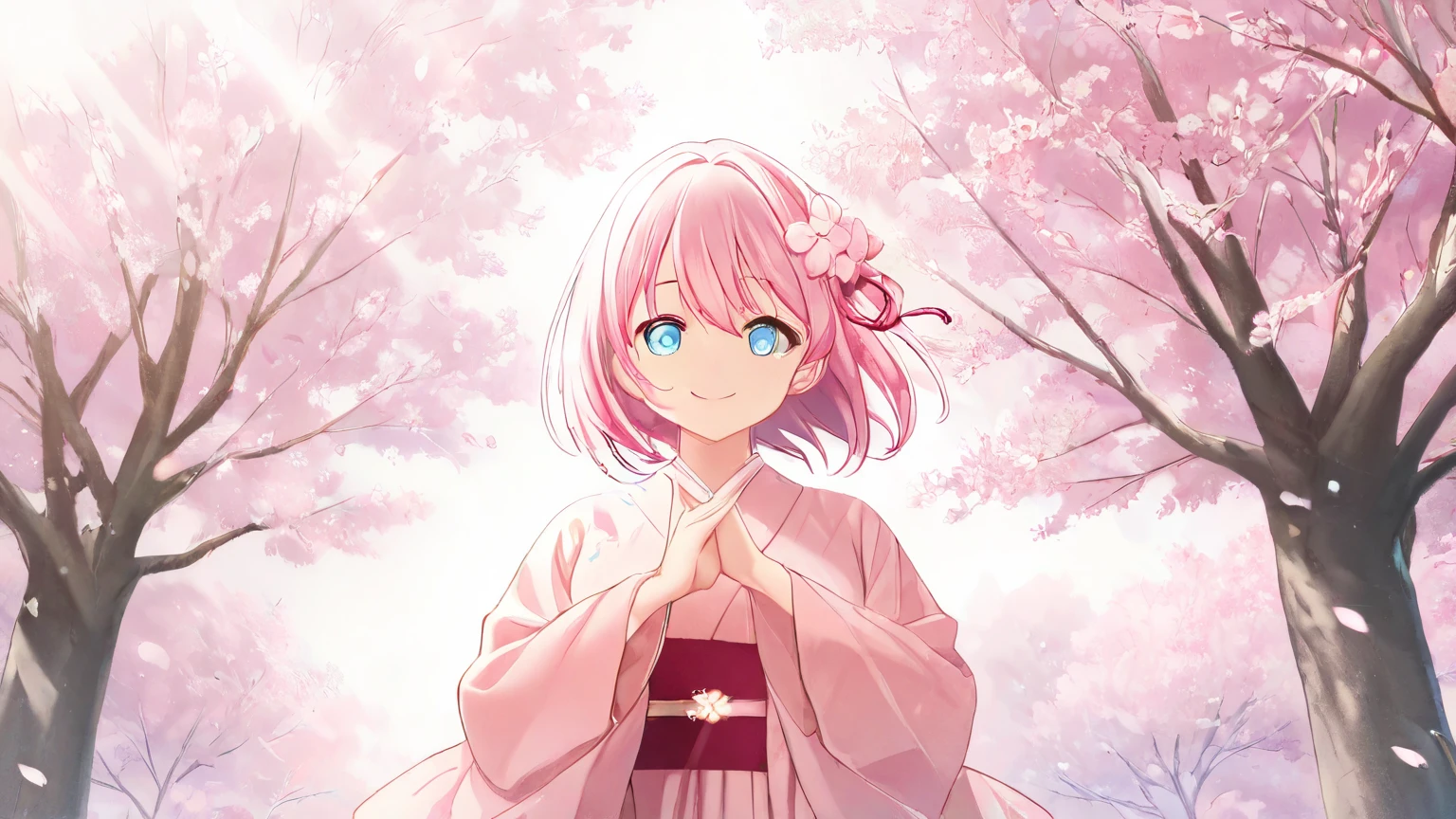Anime-style illustration of a beautiful cherry blossom goddess standing gracefully under a blooming sakura tree. She has long, flowing pastel pink hair with cherry blossom petals gently scattered throughout. Her eyes are large, soft, and glowing with a warm light. She wears a flowing, elegant kimono with sakura patterns, the fabric swaying with the breeze. The background features falling petals, glowing sunlight, and a serene spring atmosphere. Her pose is gentle and divine, holding a sakura branch delicately in one hand. Magical sparkles float around her. Soft pastel colors, detailed anime style, clean lines, bright and airy mood, fantasy theme.