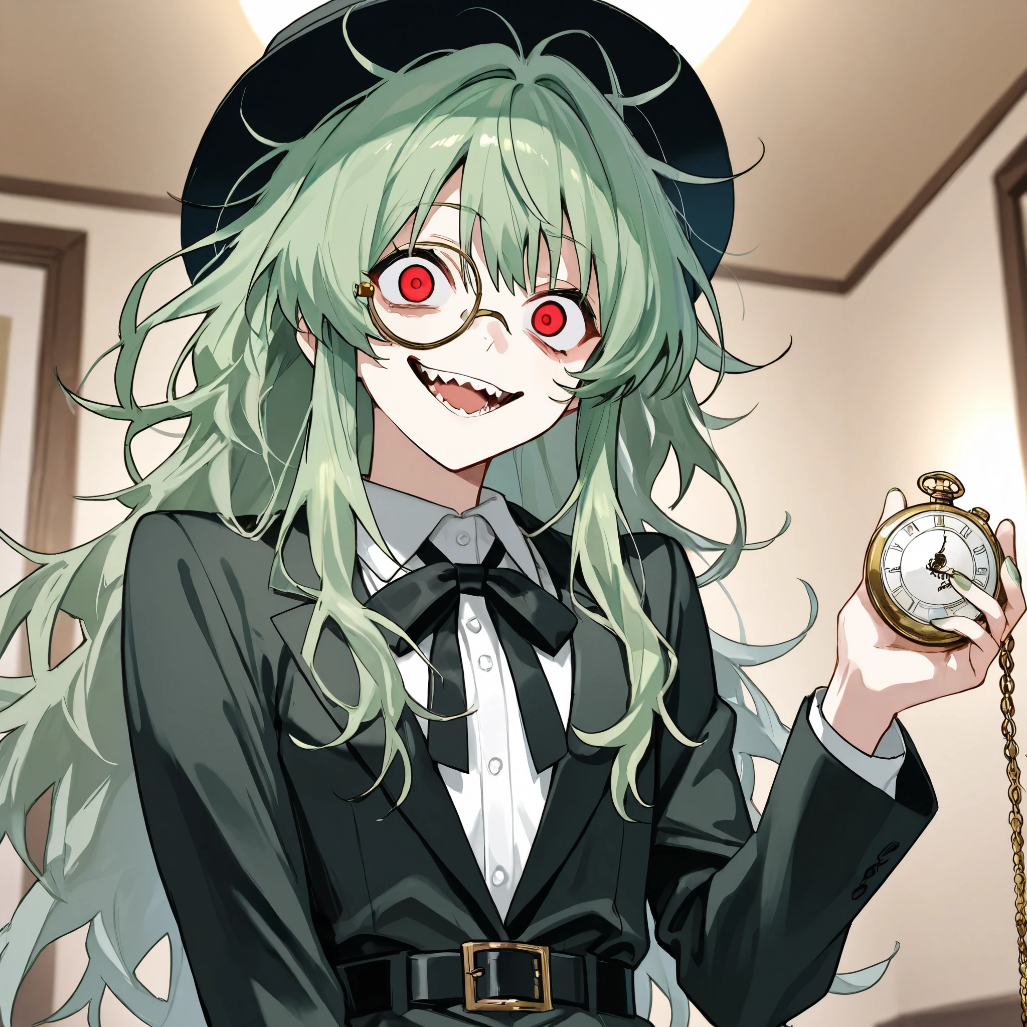 very detailed、best quality、best image quality、masterpiece、8k、 Anime Face 、(black silk hatをかぶったスーツ姿の美少女)、((crossdressing))、(emerald green hair、messy hair、sidelocks、red eyes)、Cowboy Shots、crazy eyes、crazy smile、（monocle）、 pocket watch、（（（black silk hat：1.3、black suit、white shirt、belt）））、 hotel guest room