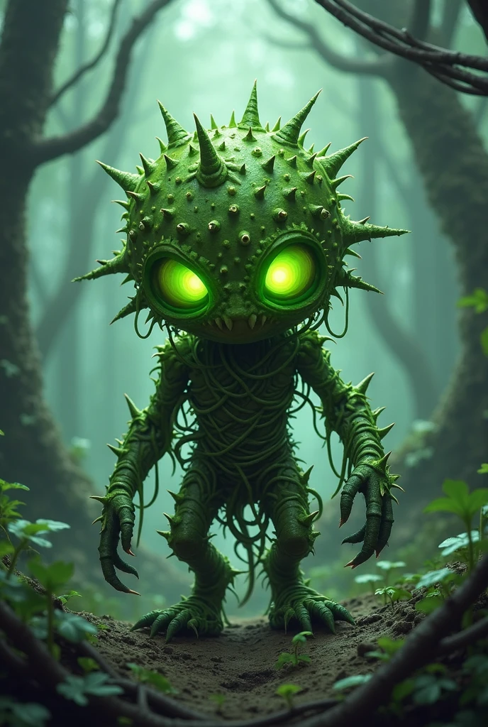 A distance view of Translucent HyperRealistic hollow anthropomorphic Peach monster , in Forest, Detailed sunlight glowing, Leeds and barks in the grounds. Misty droplet over subject.
