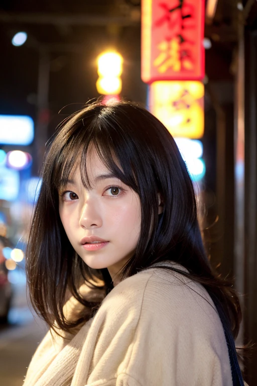 (RAWphotograph, Highest quality), (Realistic, Photorealistic:1.3), Tabletop, Very delicate and beautiful, Soft Light, (Brown Hair,Bob Hair, Layered Cut), 美しいDetailed女の子, (Detailed指), 非常にDetailed目と顔, Beautifully detailed nose, Beautiful attention to detail, 1 Girl, Japanese, Pure beauty, cute, young, sweater, (Half Body:1.3), (Medium chest), Realistic face, Realistic body, A view of the village with many lights on the buildings, Dreamy city in China, Chinese Village, Awesome Wallpapers, Japanese Street, Japanese Village, 超リアルな町のphotograph, Old Asian Village, Japanese cities, Raymond Han, Rainy night, Cyberpunk Chinese Ancient Castle, beautifully照らされた建物, Rainy Evening, beautifully、aesthetic, photograph, Cinematic, 8K, Detailed ((heavy rain)))