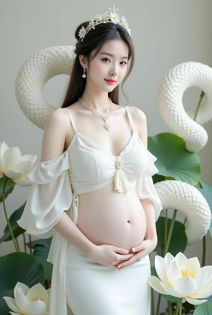 Create a work of art，Theme of naked women，Embodying the essence of the goddess of harvest and fertility, powerful goddess, She exudes a powerful energy , 16 months of pregnancy, She lies gracefully in the garden, She wears a crown in her hair, Very slender eyes, Very thin eyebrows,