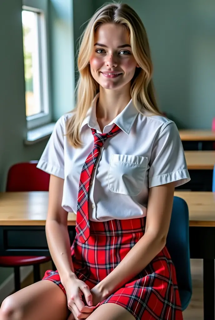 15 year old Scandinavian young girl very blonde hair and blue eyes, gorgeous, perfect face, looking at viewer, (wearing makeup), (highly detailed eyes), (wearing catholic school uniform), (plaid micro sexy mini dress), (white knee socks), standing in class room, fitness and small breasts, girl hair high bun