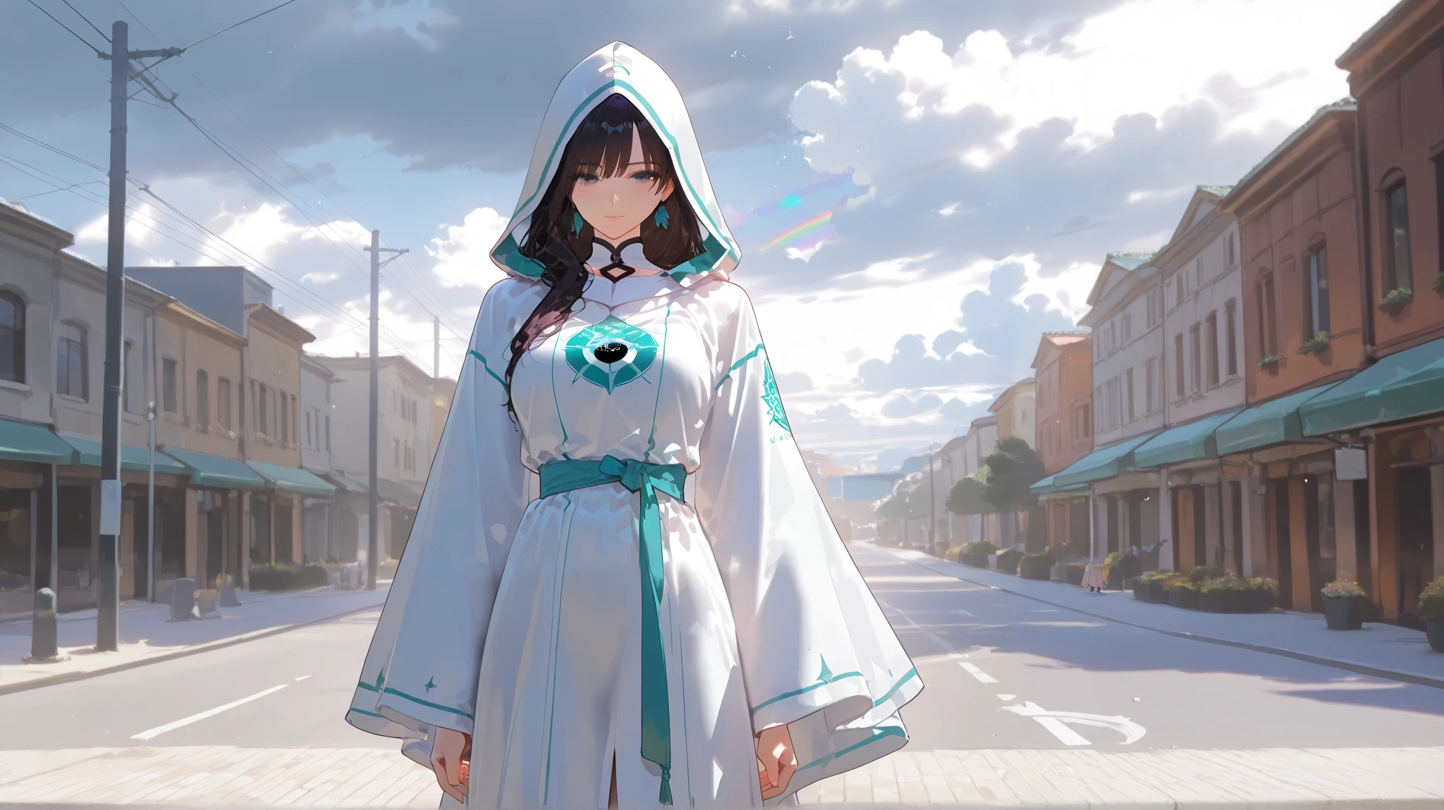 tall and beautiful work of art, Beauty Assassin , Wears a Rainbow-Colored Hooded Robe 。 That Robe Makes Him Invisible 。, Has a Poison Stinger , Normal Street , Tracking the Target , cloudy, Shadow, Contrast, Conceptual Installation Art, Super Detail, absolute resolution, Best Quality, 2.5D, Subtle and dynamic effects, Foggy Filter Effects, artistic, Extreme, graphic CG digital art