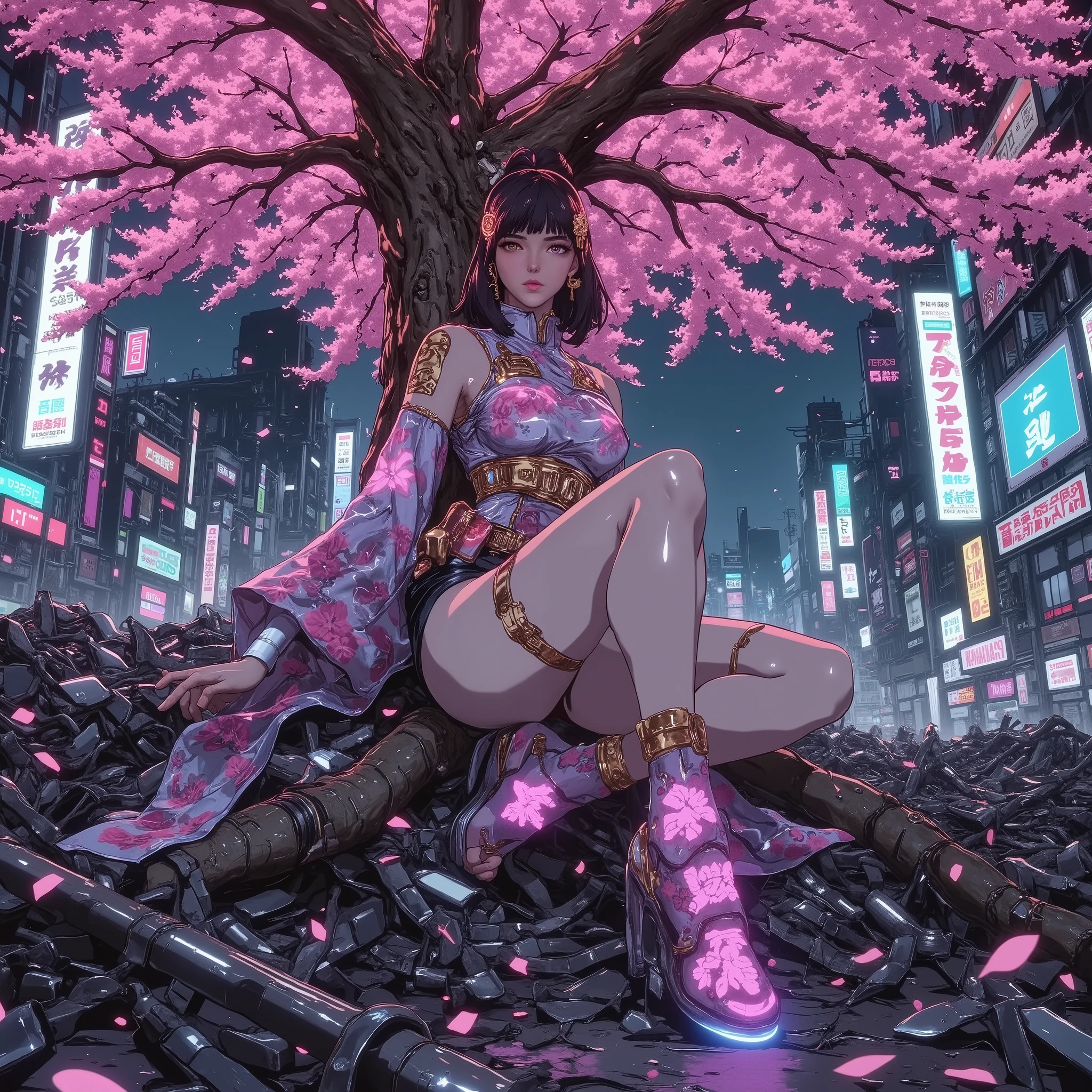 1girl,,sakuya hime,Focus on thigh.A large cherry tree.from below standing,from side ,side view,low angle,Woman leaning against cherry tree..One knee sticking out. .mini Skirt.,A cyberpunk reinterpretation of Konohanasakuya-hime, standing gracefully in the ruins of a neon-lit dystopian city. She wears a glowing high-tech sleeveless kimono, Floating cyber-sandals emit a soft pink glow. blending traditional Japanese elegance with futuristic materials – semi-transparent fabric, luminous sakura-patterned threads, and chrome accents. Her long sleeves flutter with holographic petals, and her obi belt is embedded with circuit-like designs. Her hair is styled in an elaborate traditional updo, adorned with metallic sakura-shaped kanzashi. Around her, cherry blossoms bloom from piles of metal debris. Neon signs flicker in the background, reflecting off rain-soaked chrome. Pink petals drift through the air, creating a soft contrast to the cold urban wreckage. Cinematic lighting, volumetric light, atmospheric perspective, depth of field, 4K ultra-detailed.Gold hair ornaments、hand,beautiful eyes、(masterpiece, detailed:1.2), ruins at night.
c.anime art,cyberpunk ,, dimly lit night. Contrast between the woman and the dimness of the night.
c.anime art,cyberpunk ,, dimly lit night. Contrast between the woman and the dimness of the night.