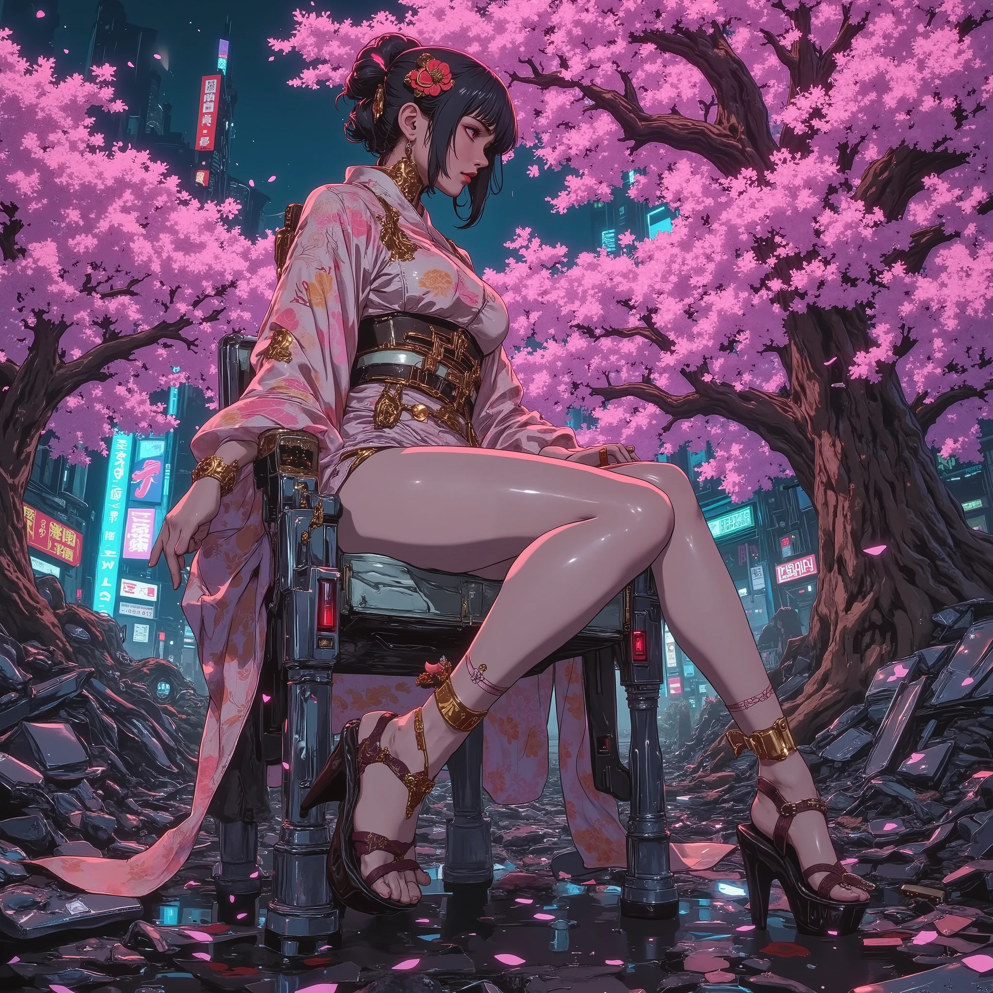 1girl ,sakuya hime,cowboy shot,Large cherry blossom trees 、kimono。skirt。 golden hair ornament 。cyberpunk。sandals。perfect anatomy。Woman sitting on a rubble chair。sitting with legs crossed。
,A large cherry tree.from below standing,from side ,side view,low angle,Woman leaning against cherry tree... .mini Skirt.foot focus,A cyberpunk reinterpretation of Konohanasakuya-hime, standing gracefully in the ruins of a neon-lit dystopian city. She wears a glowing high-tech kimono, blending traditional Japanese elegance with futuristic materials – semi-transparent fabric, luminous sakura-patterned threads, and chrome accents. Her long sleeves flutter with holographic petals, and her obi belt is embedded with circuit-like designs. Her hair is styled in an elaborate traditional updo, adorned with metallic sakura-shaped kanzashi. Around her, cherry blossoms bloom from piles of metal debris. Neon signs flicker in the background, reflecting off rain-soaked chrome. Pink petals drift through the air, creating a soft contrast to the cold urban wreckage. Cinematic lighting, volumetric light, atmospheric perspective, depth of field, 4K ultra-detailed.Gold hair ornaments、hand,beautiful eyes、(masterpiece, detailed:1.2),modernretroanime anime c.anime art,cyberpunk ,, dimly lit night. Contrast between the woman and the dimness of the night. c.anime art,cyberpunk ,, dimly lit night. Contrast between the woman and the dimness of the night.
anime.XUER guangying.heroine、(masterpiece, detailed:1.2)、red eyes,