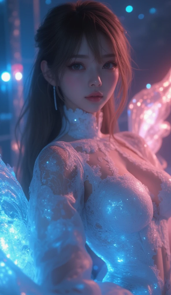 woman, Realistic character，coiffed blonde hair, silk dress（color/skyblue），Show the chest，Blue eyes, anime big breast, Alone, modern, cyber punk perssonage，fully body photo((midynight, Need, 8K, masterpiece:1.3)), full bodyesbian, Long legs, Focalors:1.2, perfect figure beautiful woman:1.4, Slim abs:1.1, ((Dark brown hair, huge tit:1.2 )), (standing on your feet:1.2), ((Newyork City Night Neon lights in colorful buildings、scene, the roof:1.3)), Highly detailed facial and skin texture,A shy face with red cheeks, A detailed eye, 二重まぶた