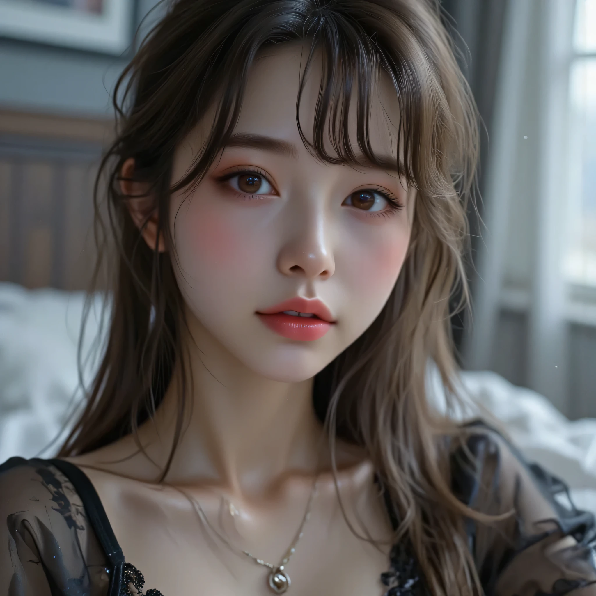 very cute 18 years old korean brunette girl with very long hair is dressed in a very transparent black nylon shiney tights lying on her bed, we can see her full body