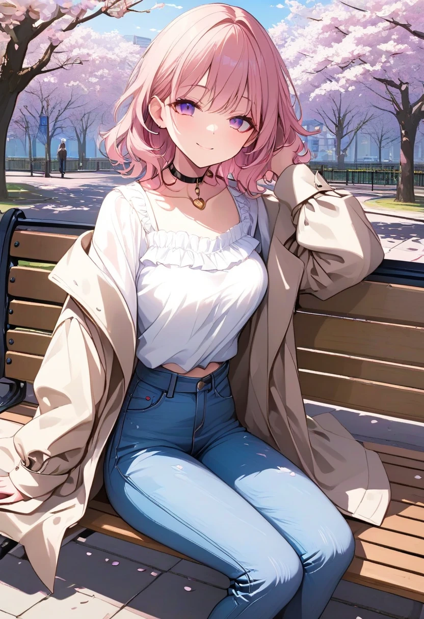 High-quality, ultra-realistic portraits。She has a face that is both cute and pure.、((It has a rounded and gentle contour))。(Eyes are large、Her clear eyes are distinctive、The nose is small and well-formed。Lips in natural color、Modest thickness)。The skin is transparent、Has a healthy glow。Makeup is natural、She uses thin foundation and subtle lip color.。(Light purple hair、Medium Hair)、clothing:
- White cotton T-shirt
- Denim shorts
- White sneakers

Accessories:
- A simple silver necklace - Small silver stud earrings - Beige canvas tote bag background:
Cafe terrace in the city、Bright sunshine。The lighting is soft and natural.、Accentuating facial features、Does not emphasize shadows。