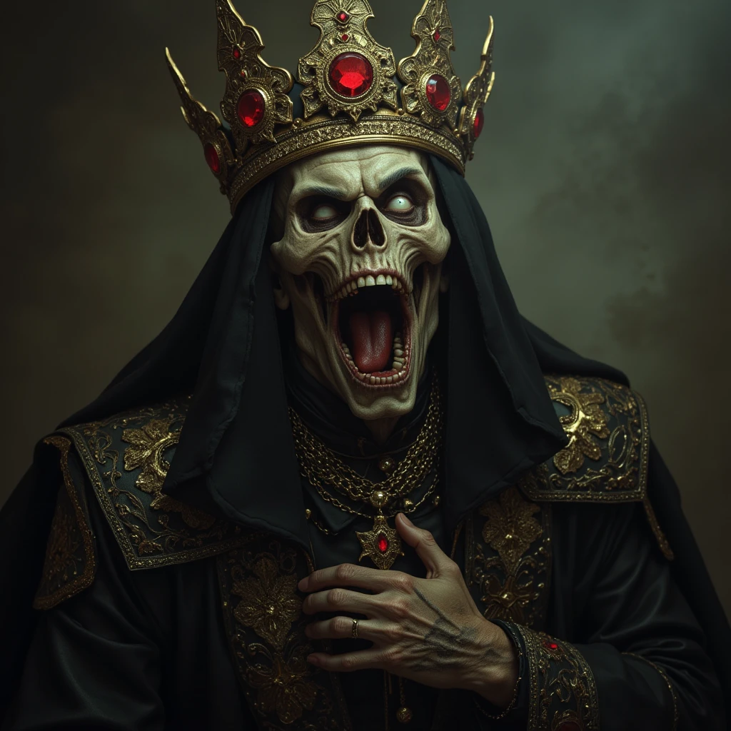 an evil old necromancer that looks like a dry corpse with a golden crown on his head, long gray hair and, he has fearful look, holds long sword, fantasy art, concept art, johan grenier, trending on artstation, national geographic photo, peter mohrbacher, astral, aurora, detailed, ominous, photorealistic, mark brooks, hyperrealistic, seb mckinnon, horror style, mythological