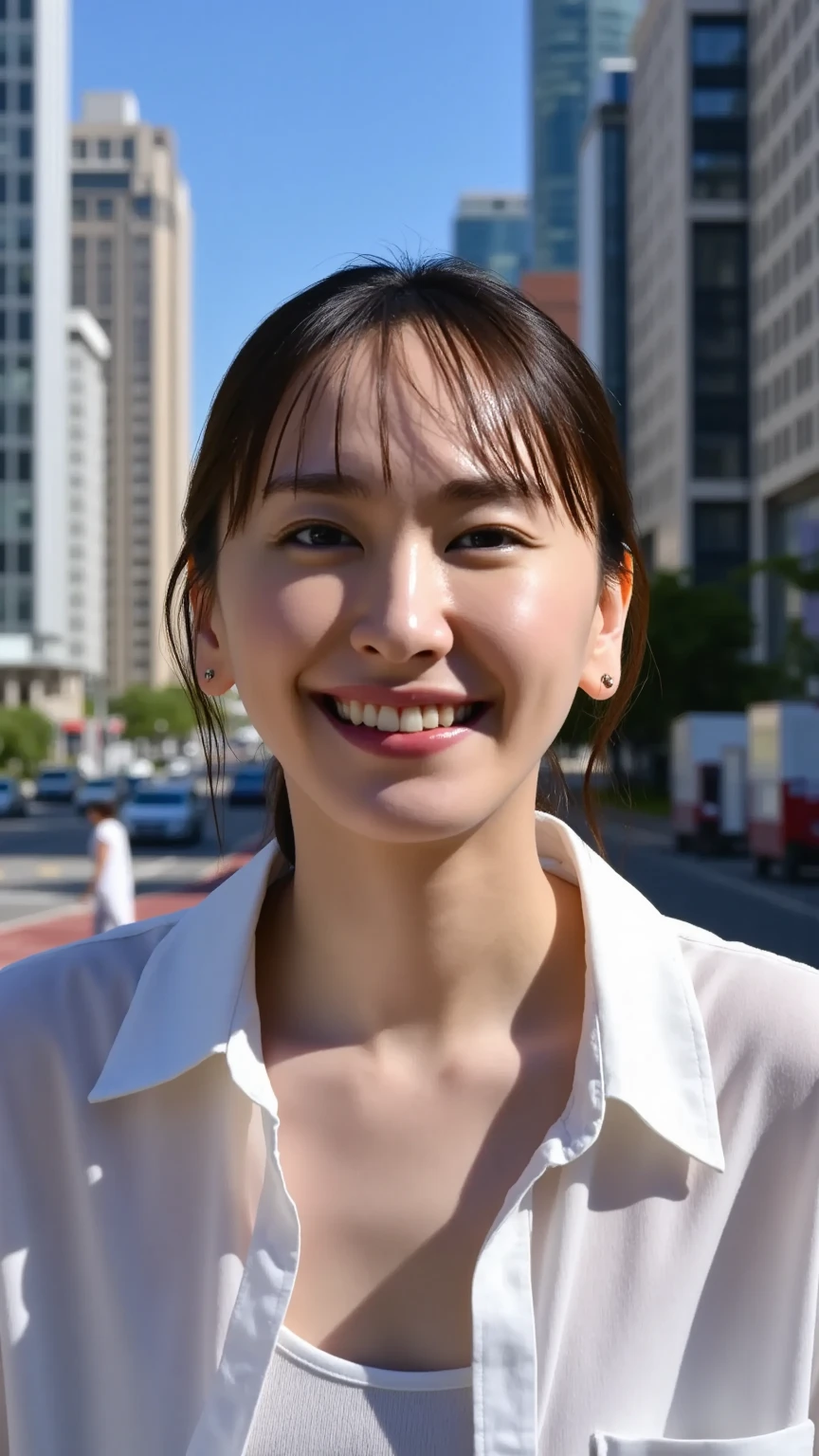 (masterpiece, Highest quality), One girl, Beautiful office lady, Very wet, soaked from heavy rain, Long black hair, Straight hair, White blouse, ((face close up:1.2)), saggy big breasts:0.3, joy expression, Street Background, Detailed Scene, Reflective Puddle, Dark Clouds, heavy rain, realistic rain effect), in the heavy rain:1.7,