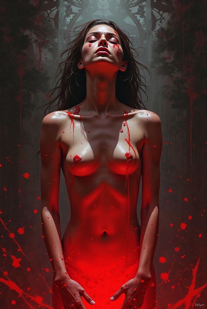 1girl, (solo), short bob hair with bangs, black hair, breasts, small size, yellow eyes, tanned skin, full nude, full body, covered in blood, lie on ground, sad, tired, exhausted, (night), red moon, red moonlight, clouds, death forest, forest behind, (very sexy body, detailed face, masterpiece, highly detailed, 8k, best quality, vibrant colors, digital art, concept art)