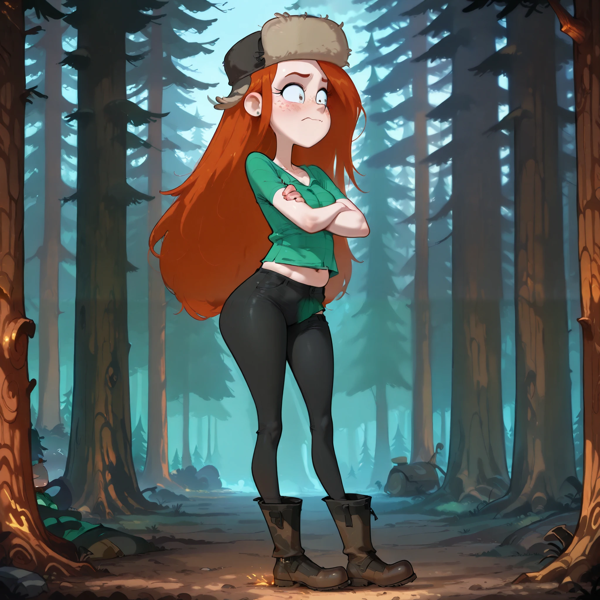 wendy, long hair, fur hat, 1girl, orange hair, solo, freckles, earrings, green shirt, tight pants, boots,, long hair, long prominent neck, gained put on weight, plump body, (bottom heavy), embarrassed emotions, (standing in a dark pine forest), plump arms, fullbody image, (arms crossed) , (midriff peek), SweatyStyle, (long legs)