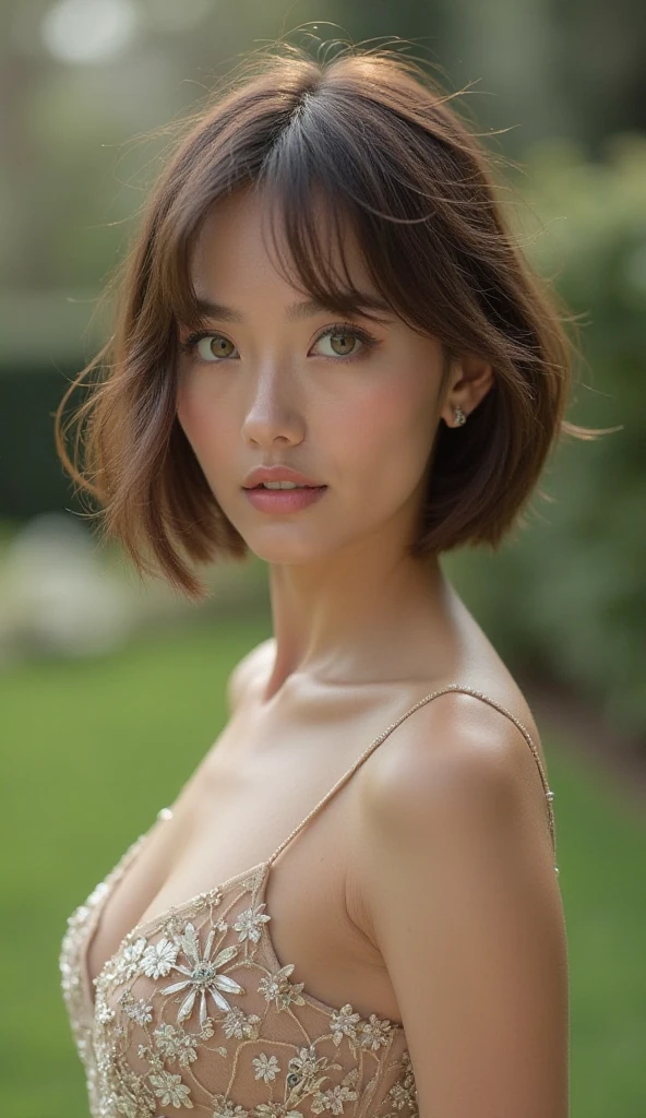 a beautiful young woman, 20 year old girl, detailed face, intricate facial features, longeyelashes, beautiful detailed eyes, beautiful detailed lips, glowing skin, short hair, white see-through dress, large breasts, dramatic pose, cinematic composition, chiaroscuro lighting, dramatic lighting, volumetric lighting, lush garden background, warm color palette, natural setting, elegant, photorealistic, highly detailed, best quality, 8k, masterpiece, realistic, big tit