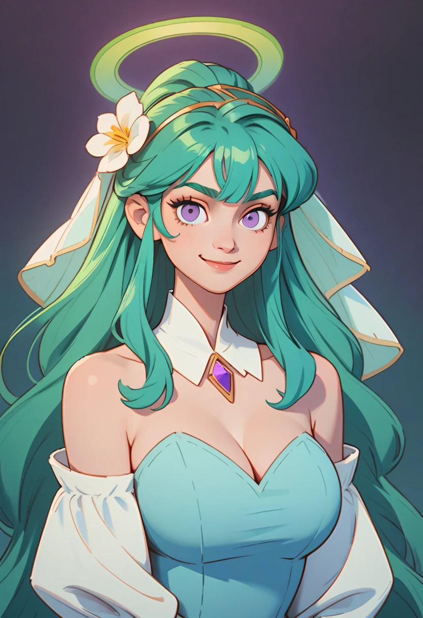 1girl, solo,Eirika fe, crown,earrings ,lipstick, eye shadow, makeup, hair between eyes, ahoge, hair ornament, gloves, dress, cleavage, bare shoulders, collarbone, white oprea gloves, white gloves, white dress, strapless, white choker, tiara, veil, strapless dress, wedding dress, bridal veil, beautiful woman, perfect body, perfect breasts, wearing a wedding dress, ball gown, in the park trees, wedding decorations, looking at the viewer, smile, realism, masterpiece, textured skin, super detail, high detail, high quality, best quality, 1080p,