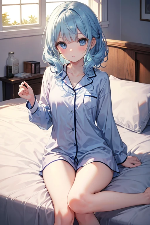 1girl in,Light Svert Medium Hair,Tying hair,Light blue eyes,Cute,blush,medium breasts, Roomwear, Underwear is visible, Best Quality++,Highest Quality++, Line,