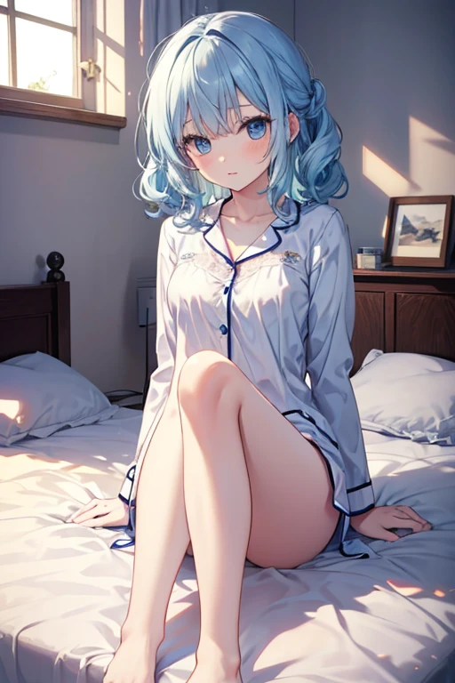 araffe sitting on a bed with a panda bear socks,sitting on the bed, beautiful blue haired girl, spread legs, sitting, hands between legs, long top, shoulder sticking out of her top