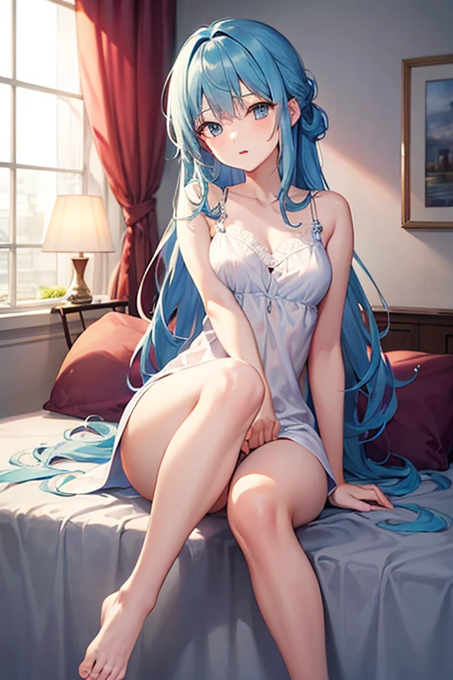 A cute girl, skinny, smile, crop top dress, light blue dress, light blue hair, short skirt, sitting, legs crossed, beautiful face, high res, long hair, bed, underpants visble