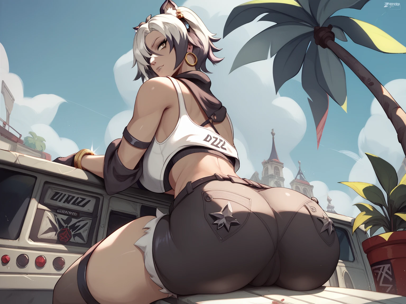 2 girls, elf, dark skinned with tanlines, topless, beach, small breasts, fat ass, bubble booty, pirate boots, covered in cum, covered in money, high quality resolution, very high quality, beautiful anime eyes, comparing asses