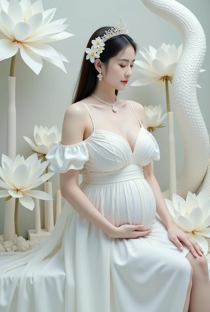Best quality, (真实感:1.2), Single photo, 独奏, shiny skins, A detailed face, Face focus, Black hair ，(looking at viewert:1.5), 黑The eye, Bare shoulders， Sexy wedding dress，Gorgeous wedding dress，（photore：0.8），legs separated，Pubic hair shows through， Bare upper body，breast enhancement，Slimming the waist，Beautifully embroidered sexy and gorgeous wedding dress，Decorated with beautifully embroidered wedding dresses，（huge tit：1.4），Pregnant woman， pregnant belly，Eight months pregnant，nakeness，revealing her belly