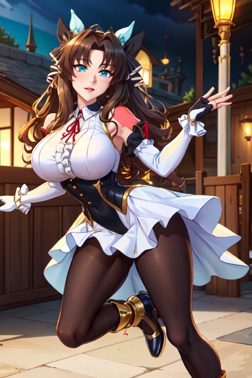 ((Tabletop, highest quality, High resolution, , Pixel Perfect, 4K, ))), Beautiful woman,, alone, beauty、The whole body is visible、 (((Sexy Witch Cosplay), Long dark blonde wavy hair、Off-the-shoulder jacket, Dark blue flared skirt、Witch Hat、Mid-wave hair, bangs, Brown Hair)), ((Brown eyes, Beautiful eyelashes, Realistic eyes)), ((Detailed face, Blushing:1.2)), ((Smooth texture:0.75, Realistic texture:0.65, Realistic:1.1, Anime CG Style)), Center of chest, Dynamic Angle, Perfect body, ((,)), 、、Very embarrassing panic smile, 、Castle Town Square、(The wind flipped up her skirt, 、Touch your crotch with both hands、、Arms crossed pose、Show me your ass、Her white and light blue floral lace panties、)、Angle from below