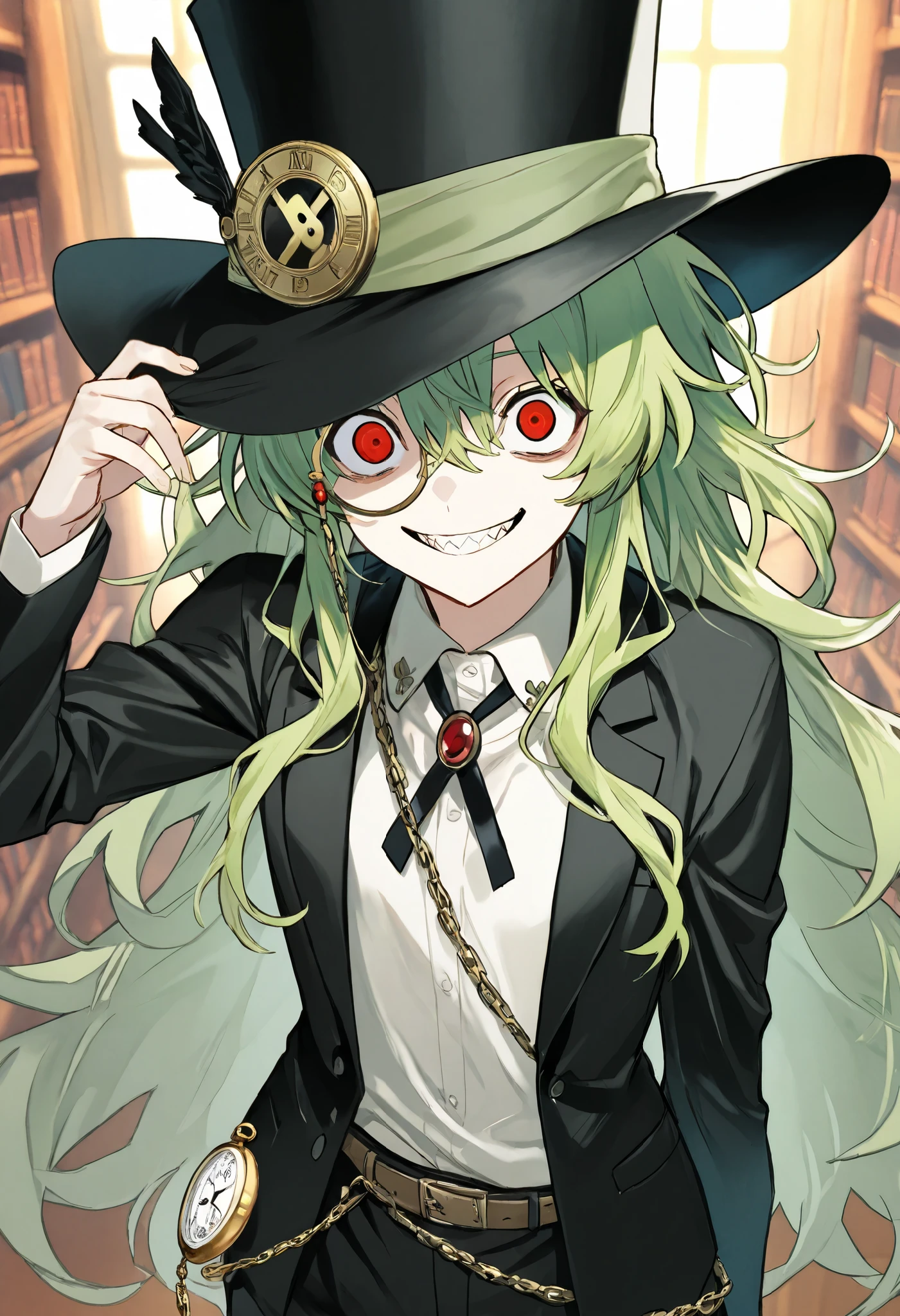 (((masterpiece、Highest Image Quality、best quality、VERY DETAILED UNITY 8kwallpaper、high resolution illustration)))、((Illustration of a person、crossdressing))、Cowboy Shots、black silk hatをかぶったスーツ姿の美少女、emerald green hair、messy hair、sidelocks、red eyes、crazy eyes、crazy smile、(monocle)、 pocket watch、(((black silk hat:1.3、black suit、white shirt、belt)))、 A huge library of dim fantasies with lots of books