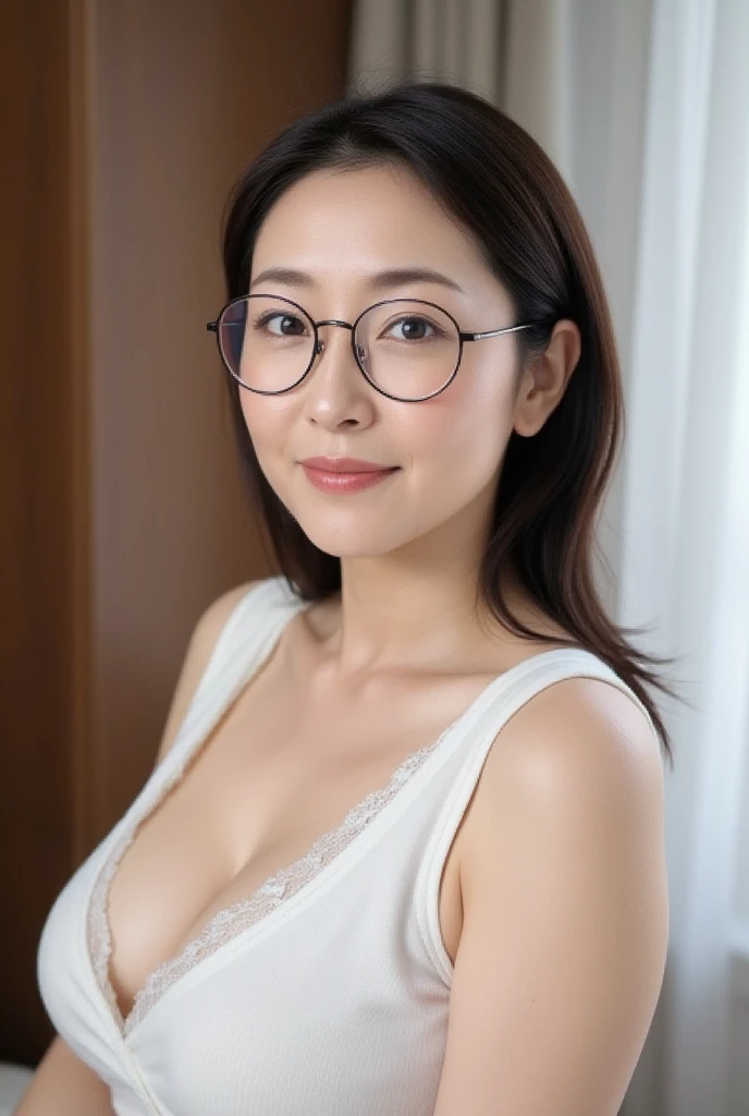 8k, highest quality, masterpiece, Realistic, Photorealistic, Ultra-detailed, Natural light, large breasts with good shape, I can see her cleavage, 1 person, 40-year-old woman, Black Hair, Beaver, Straight Hair, Silver-rimmed glasses, (Look at the viewers), lingerie, Highly detailed face and skin, Detailed eyes, Highly detailed face and skin,Date Book,Mature Woman,Book,A big smile,See-through underwear