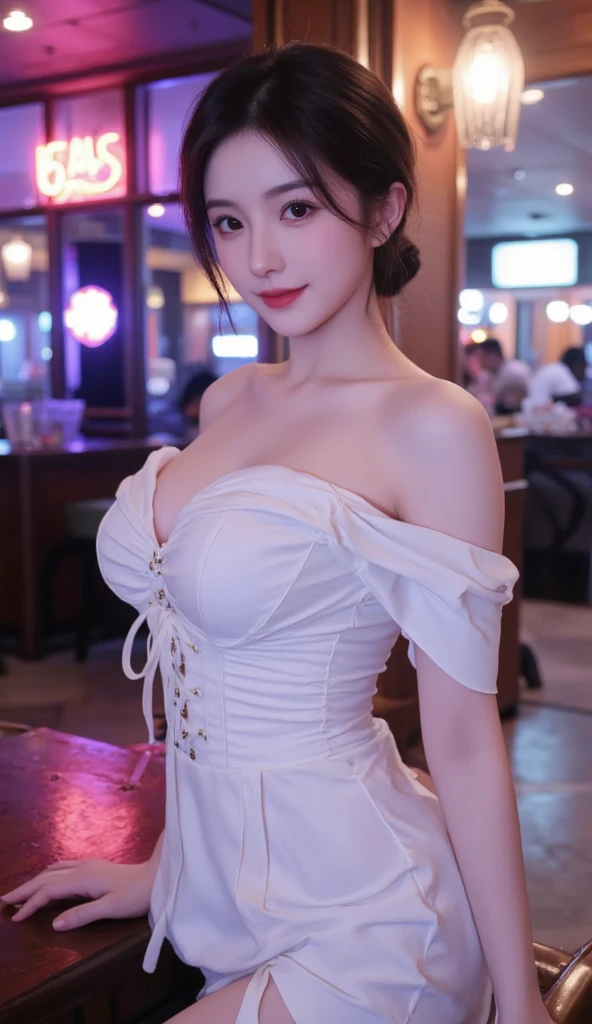 （best qualtiy）Meticulous Gao Yagui lace tight cheongsam girl，（Background with：Exquisite bar、Alcohol from different countries、Bartender），Sit on the floor of the bar，spread their legs，Wear a white skinny cheongsam with noble lace，Protruding lower abdominal muscles，Reveal tight panties，And for《Super》Add a cinematic touch to your scene，huge tit，Brown hair，（（Curl：Pick dyeing、Colorful）），Tied with a high ponytail，Film lighting completes the overall atmosphere。