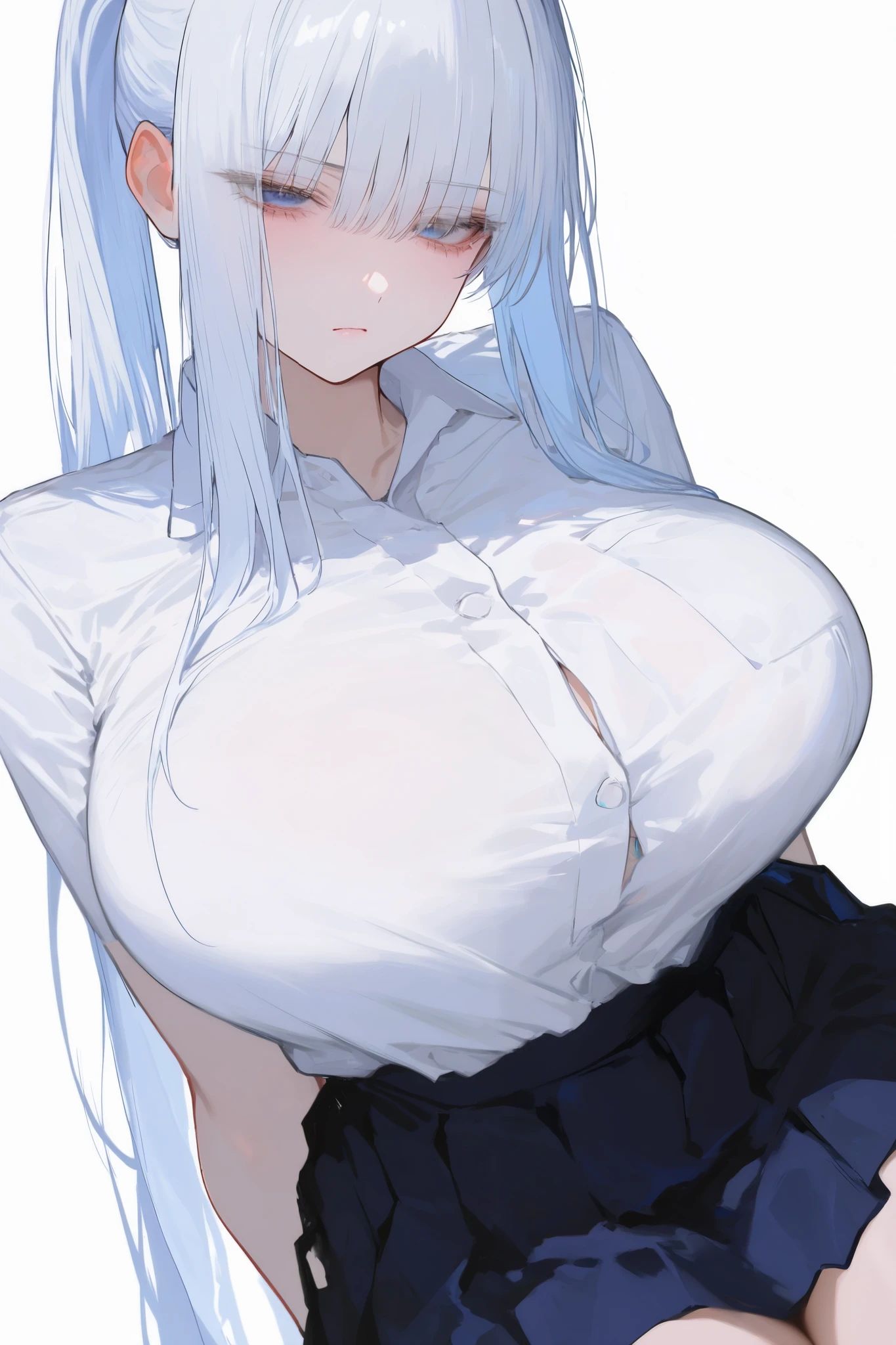 masterpiece, best quality, 748cmstyle. 1girl, white background, (beautiful white hair, long hair, ponytail, straight bangs), (cold stare, annoyed expression, light frown, looking at viewer, tilt head), (blue eyes, break half closed eyes, detailed eyes), (huge long breasts), (school uniform, white shirt, shirt tucked into skirt, White shirt, dark blue pleated skirt), white background
