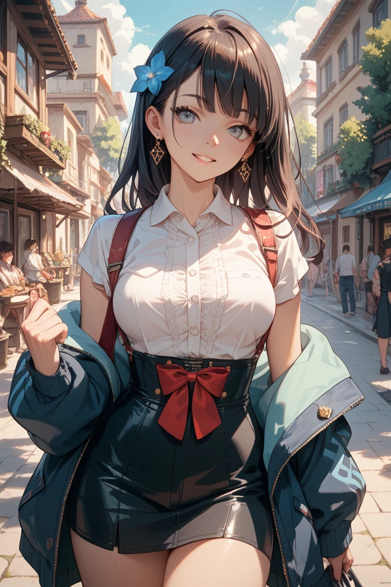 ((Tabletop, highest quality, High resolution, Perfect Pixel, Depth of written boundary, 4K))), One Girl, single, alone, Beautiful Anime Girls, Beautiful art style, Anime characters, ((Long Hair, bangs, Dark brown hair, Curly Hair:0.8)), ((Green Eyes:1.4, Fine grain, Beautiful Eyes, Perfect Eyes,Curled eyelashes, Realistic eyes)), ((Detailed face, Blushing:1.2)), ((Smooth texture:0.75, Realistic texture:0.5, Anime CG Style)), Huge breasts that look like they might explode, Dynamic Angle, Big Breasts, Perfect body, Dynamic pose, ((Red bow tie, , Black jacket, Open jacket, Brown cardigan, White shirt, Black Skirt, Checked skirt)), smile, Open your mouth, Put your arms behind your back, Leaning forward, Amalment Park
