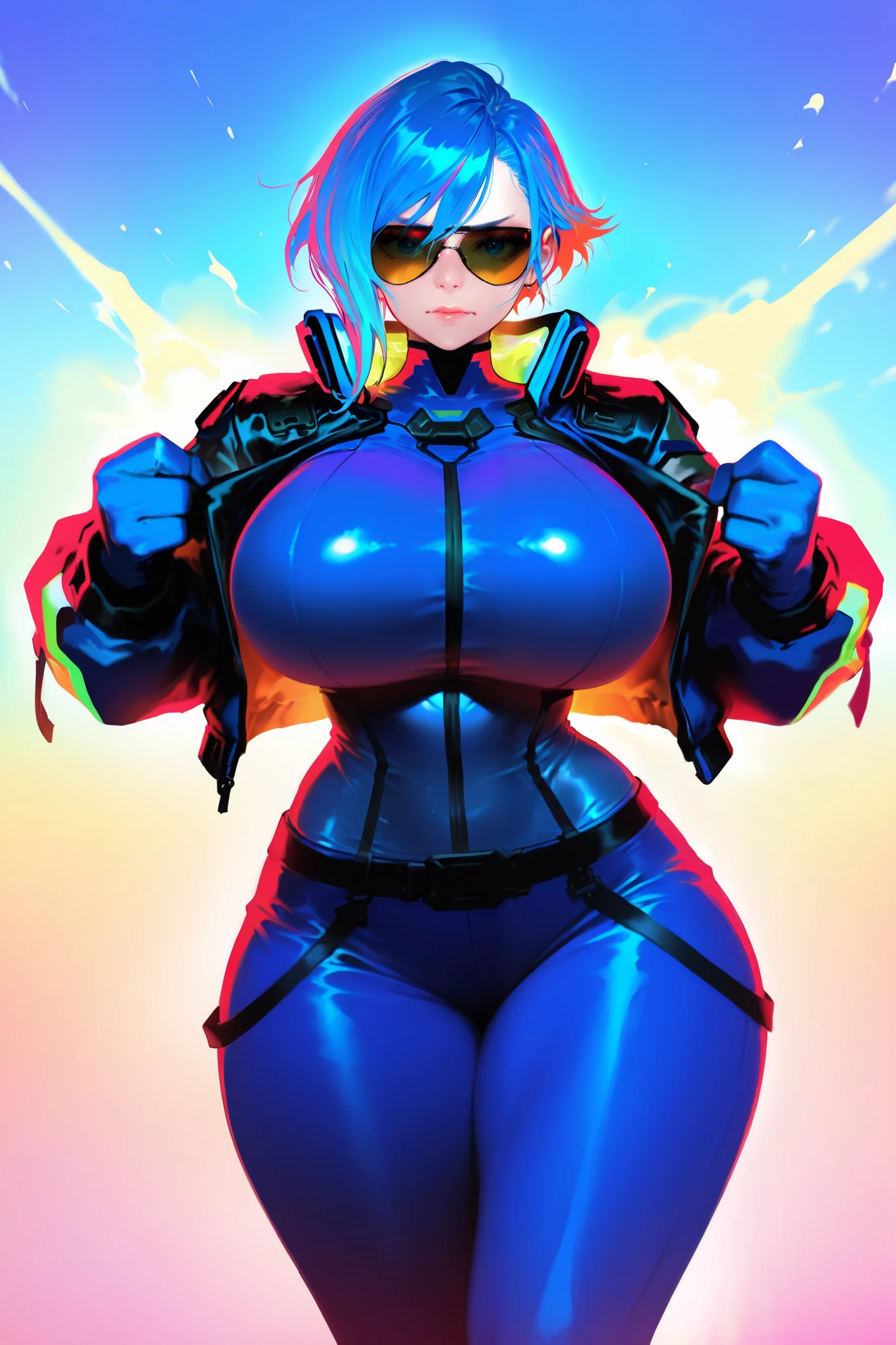 HDR, 8K, high contrast, masterpiece, best quality, amazing quality, very aesthetic,realistic, newest, lizparf, digital art, digital painting, brush texture, brush stroke, bright colors, grain filter, vivid colors
BREAK
masterpiece , best quality , absurdres , highres , 1girl, cyberpunk clothes, multicolored clothes, jacket, sunglasses, blue hair, pants, curvy, huge breasts, narrow waist, wide hips, thick thighs, fighting stance, nervous, looking at viewer, simple colorful background, dynamic pose, cowboy shot, warm color palette, epic lighting, cinematic lighting