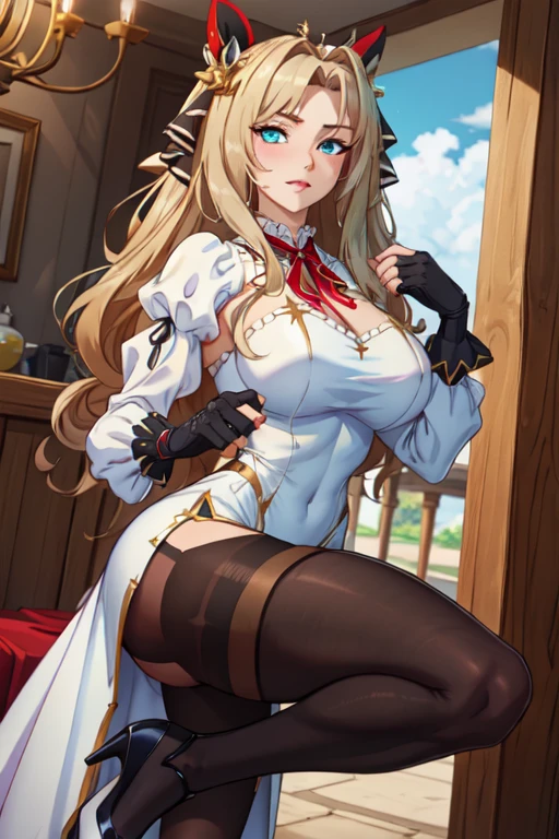 masterpiece, best quality, 1 solo girl, light brown hair, green eyes, long hair, medium breasts, sexy body and face, wavy hair, smile, early 1800s modest dress with silk or cotton, bonnets, corsets with aristocrat status, shawls, white gloves, high necklines, long sleeves, and a fitted bodice with a full skirt, under tied the chin, with ribbons, pendant, bracelet, jewelry, earrings, feather hair ornament, book, lying at the bed, night, sexy pose, cowboy shots, detailed body, face, and eyes, sharp focus, vibrant, creative, dynamic, high definition, high resolution, 8k, (Upscale: R-ESRGAN 4x+ Anime6mage enchance:4x), voluptuous body, cinema lightning, dakimakura style, looking at the viewer,