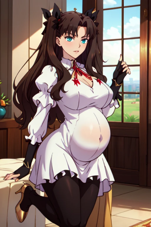 (Masterpiece), (Best quality), (Ultra-detailed), image_type: Portrait | Sexual huge breasts cleavage: Fashion | Emotion: elegant | scene: A young girl in a yellow and white maid outfit stands elegantly in an elegantly decorated interior room | Beautiful light, Tranquil Mood,Looking to the side, pregnant, big belly.