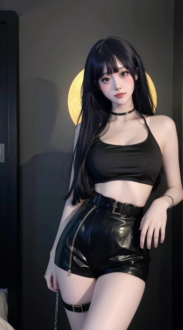 there is a woman taking a selfie in a mirror, very sexy outfit, long curvy black hair, sexy look, her black hair is a long curly, sexy outfit, wearing a sexy cropped top, thick dark hair, tight outfit, thick shining black hair, sexy black shorts, long black hair, low quality video, she has black hair, dressed in a top and shorts