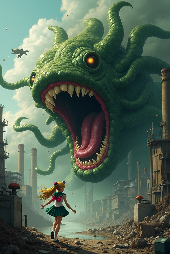 A girl sit on an enormous monster, focus on the monster, epic, the monster is made of tentacles, masterpiece, best quality, epic