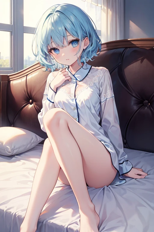 Mid Shot, Look at the viewers, Put your hands behind your back, With a girl, 20-year-old, Very short hair, Long bangs between the eyes, Hair that falls over the shoulders, Grey Hair, Floating Hair, ^ ^, 淡いblue eyes, Short dress, hoodie, skirt, Bare shoulders, White clothes, , Very detailed,(masterpiece、Highest quality)、solo、1 Female、Gray Hair、The tips of her hair are blue、blue eyes、Laughter、Snow-white skin、Small breasts, Silver Hair, blue eyes, Beautiful Eyes, Teenage Girl, ???????, Charmed〜Three Witch Sisters, Captivate the audience, hoodie, hoodie with open front, Shoulder out,On the bed,Inside the room,Sleep on your back,Open your mouth