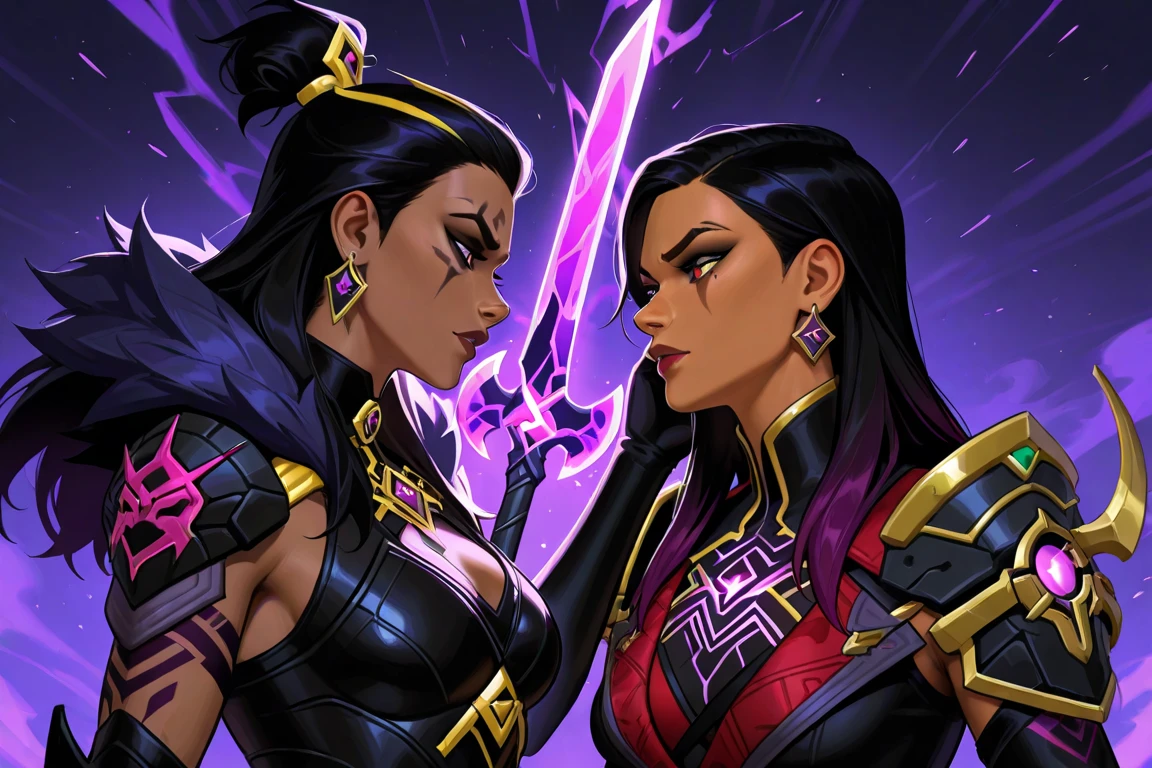 1girl, long hair, breasts, smile, large breasts, black hair, gloves, 1boy, cleavage, purple eyes, weapon, comic, japanese clothes, sky, fingerless gloves, kimono, speech bubble, bodysuit, mask, night, scar, moon, night sky, scar on face, age difference, mouth mask, ninja, crescent moon, ninja mask
