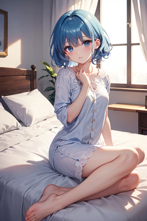{{masterpiece}}, Highest quality, Highly Detailed CG Unity 8k Bedroom Short pigtails Big eyes smile Sitting pajamas Blue Hair