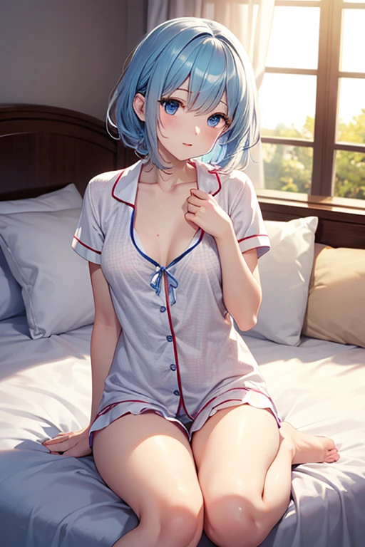masterpiece, highest quality, High resolution, brown eyes、smile、pajamas、nightwear、sleep、Are sleeping、inside the futon、Under the towel blanket、掛inside the futon、on the bed、Bedroom、Close ~ eyeidnight、short hair,blue hair, white skin、thick legs、,embarrassing,