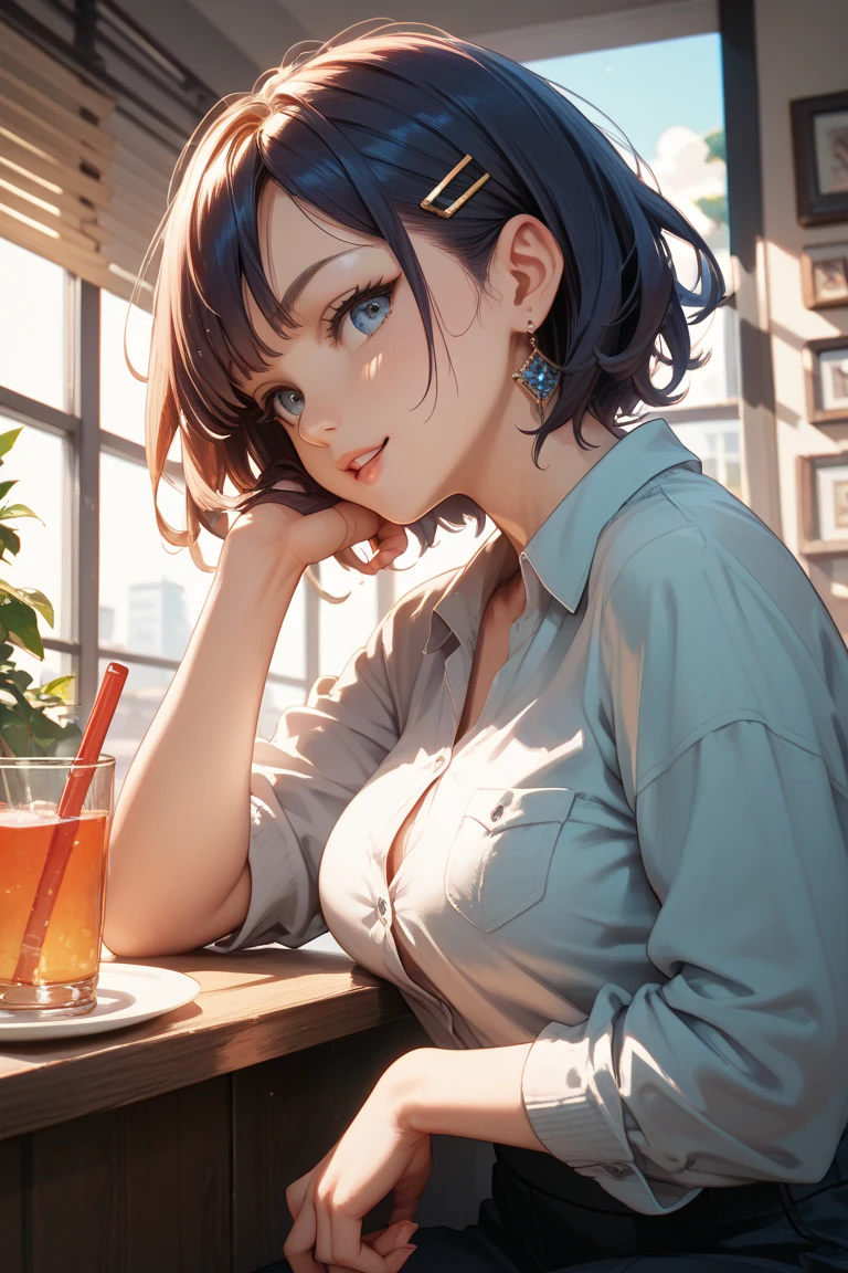 (8K, Best Quality, Masterpiece, Ultra High Resolution) Single Person, 1 Woman, Cute Eyes, Face Details, Pale Skin, Slender, Short, Brunette Hair, Long Hair, Blue Eyes, Casual Outfit, Sitting at Table, Apartment, Best Quality, Upper Body, Looking at the Viewer, Facing Viewer, Close Up