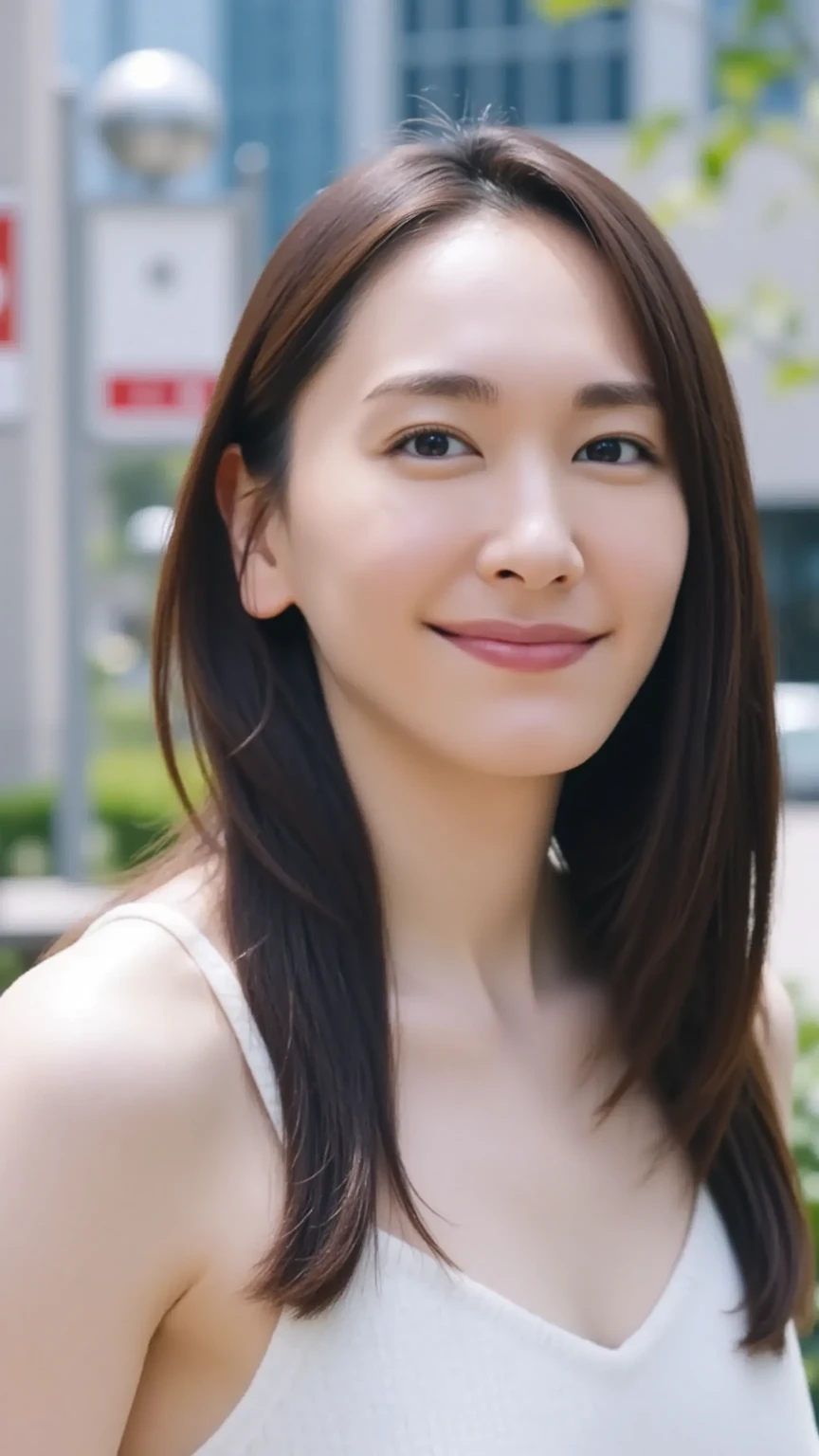 (Raw Photo), (Photorealsitic), (Masterpiece), (Best Quality), High Resolution, 8K, (Intricate Details), (Voluminous Light), Portrait, Female, (40 Years Old), Medium Straight Hair, Layered hair, brown hair, very fine eyes, source order, very fine eyebrows, very fine skin, very fine mouth, very fine nose, like an idol, happy smile, (thick lips), (looking at the viewer), (elegant vivid colorful Translucent bustier short dress), full body shot, background is a green park with a brick building, (Random body orientation),
