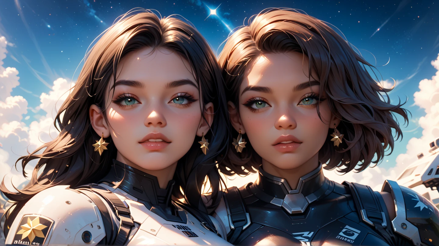 ((space scene)) (8k, best quality, a masterpiece:)) A mysterious picture of a woman named Marina, a Russian with smooth skin, bright blue eyes, long and captivating natural black hair. She has a stunning beauty, a high nose, pink lips, a bright smile, and a large bust, sitting with her family, laughing happily.