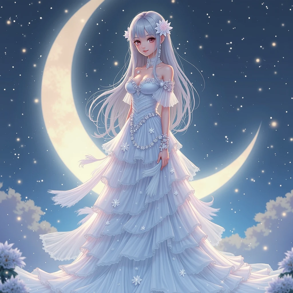 {worst quality, low quality}, facefocus, looking-up, A girl, White dress, (big breasts), (long silver hair), plump glossy lips, (beautiful clear Blue eyes:1.2), a flared skirt with a pure whitelace, holding a bouquet of pure white roses in her hands, cute pose, ((Perfect Hands:1.2)), looking back, (Many balloons 🎈 are floating against the background of a beautiful night sky with a bright blue full moon), Blessed flowers fluttered like a blizzard and her beautiful hair swayed in the wind, masterpiece, best quality, ultra detailed, Super detailed,