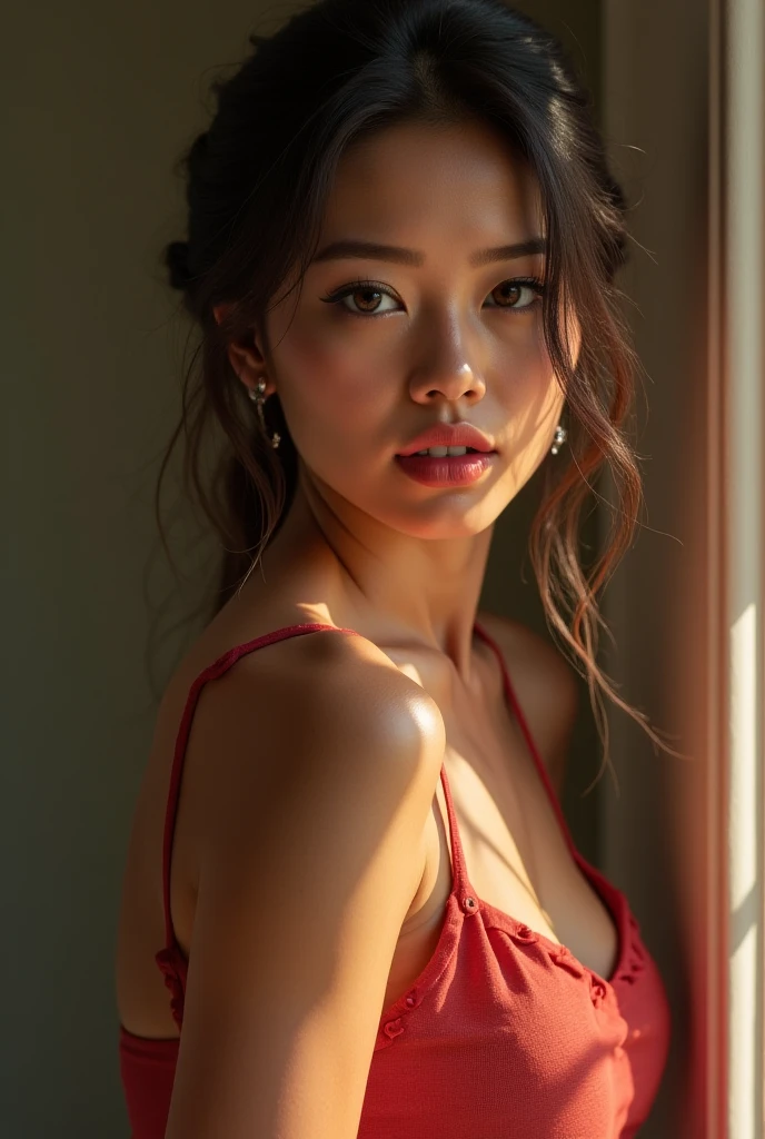 Ecchi Korean empress milf, located in back dark room , looking at viewer with horrified terrified expression, ((about to get raped by viewer))