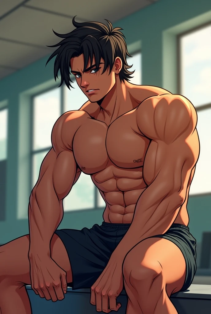 A guy with long black hair, Beautiful face, grey eyes, beautiful body, pale skin, black trousers, do push-ups, realistically, masterpiece, Best quality, detailing, anime art