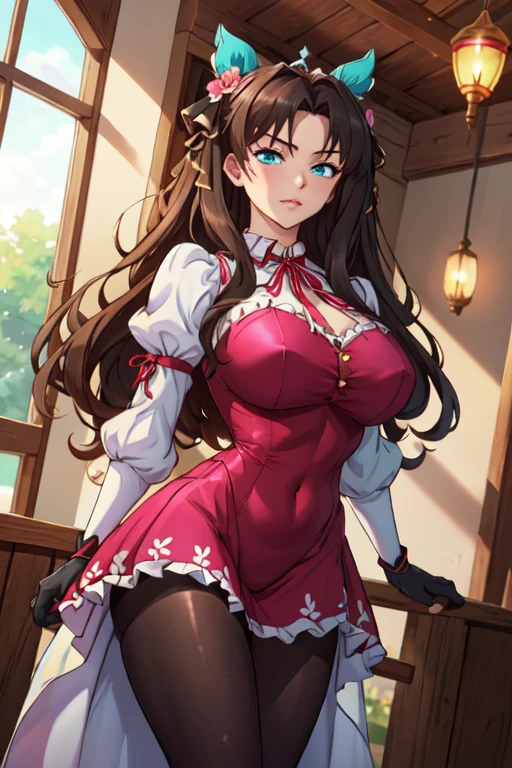 ((masutepiece, Best Quality, hight resolution, nffsw, Perfect Pixel, 4K, nffsw, nffsw))), 1girl in, Single, Solo, Beautie、full body seen、 ((Middle Wave Hair, Bangs, Brown hair)), ((Brown-eyed, Beautiful eyelashes, Realistic eyes)), ((Detailed face, Blushing:1.2)), ((Smooth texture:0.75, Realistic texture:0.65, Photorealistic:1.1, Anime CG style)), medium breasts, Dynamic Angle, Perfect body, (Santa Claus Costume、Red knitted hat、red and white off shoulder sweater、red and white flared skirt、Black garter stockings,、Christmas Party、(no-bra、See-through nipples)、、、((Emphasis on the chest、stick out buttocks))、Very embarrassing panic smile、、