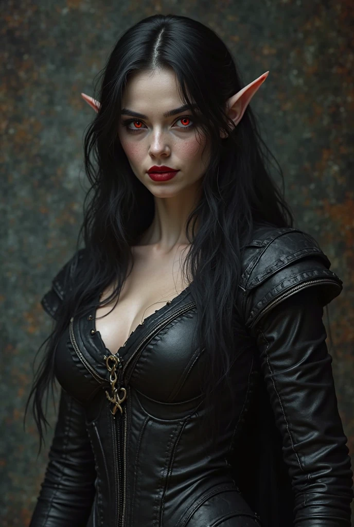 beautiful goth drow female, 22 years old, dark eyeliner, piercings, pale skin, wearing dark black rogue's clothing holding two legendary daggers, full body, pointed elf ears, leather pants, cloak, body facing camera, dark fantasy, cinematic lighting, dramatic shadows, highly detailed, photorealistic, 8k, masterpiece,