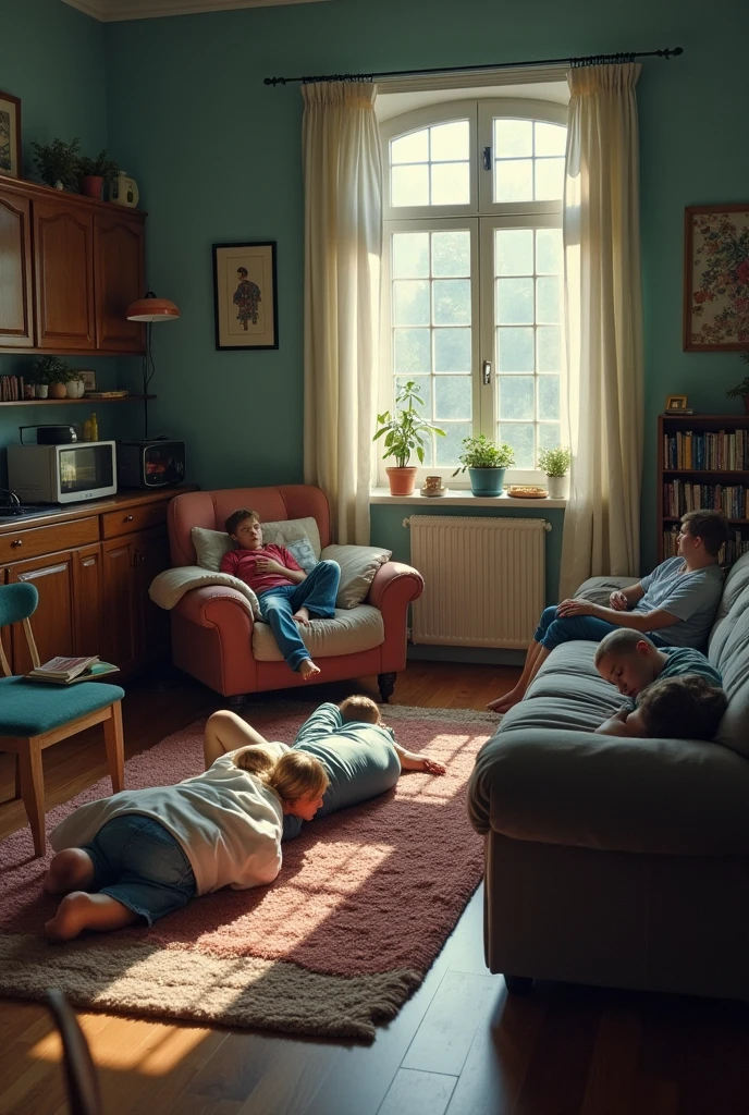 Two women, wearing comfortable t-shirts and panties, engrossed in a conversation smiling in a cozy family room on a tranquil morning. One woman sits gracefully on the sofa, while the other sits comfortably on the floor.