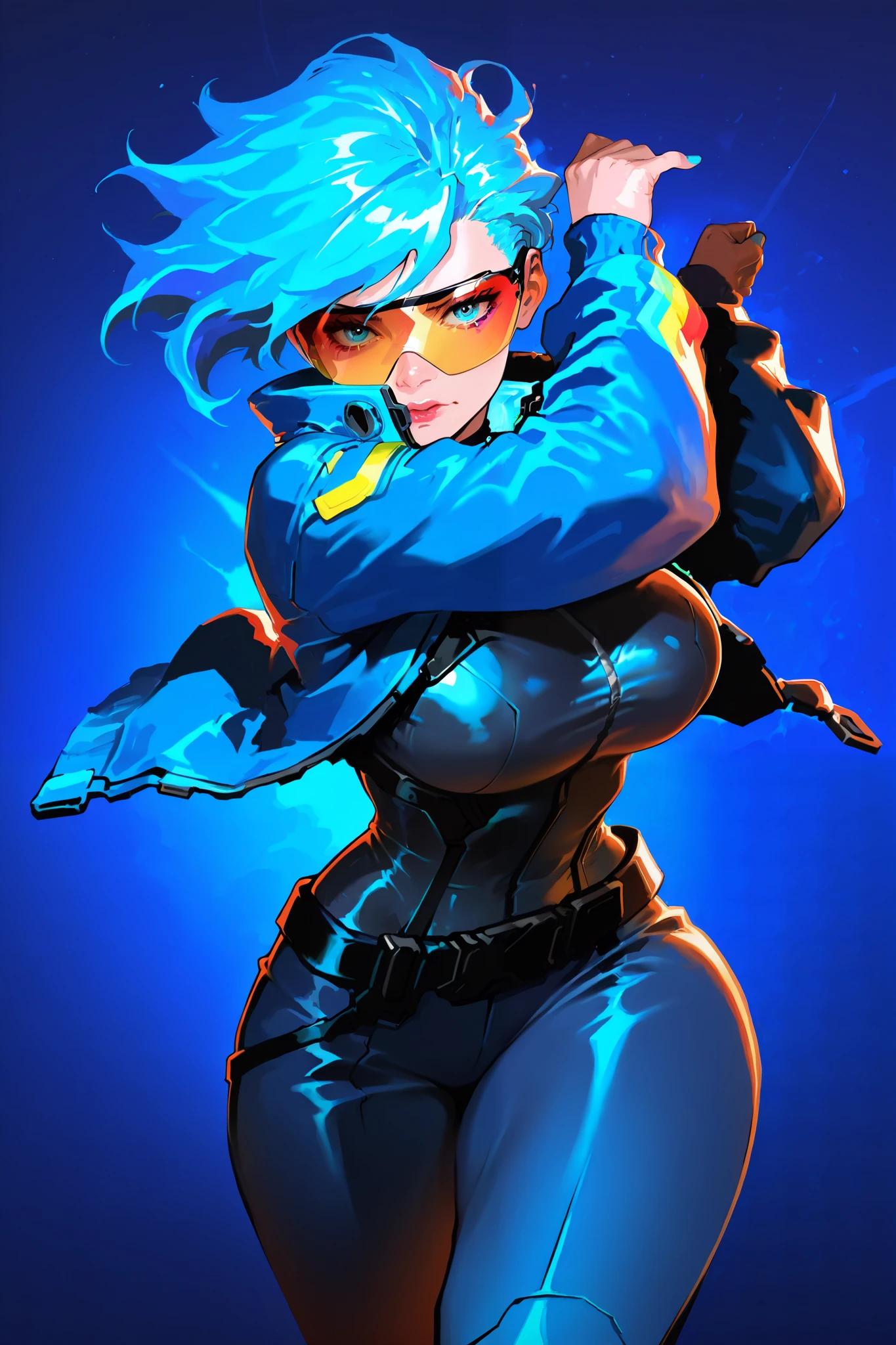HDR, 8K, high contrast, masterpiece, best quality, amazing quality, very aesthetic,realistic, newest, lizparf, digital art, digital painting, brush texture, brush stroke, bright colors, grain filter, vivid colors
BREAK
masterpiece , best quality , absurdres , highres , 1girl, cyberpunk clothes, multicolored clothes, jacket, sunglasses, blue hair, pants, curvy, huge breasts, narrow waist, wide hips, thick thighs, fighting stance, nervous, looking at viewer, simple colorful background, dynamic pose, cowboy shot, warm color palette, epic lighting, cinematic lighting