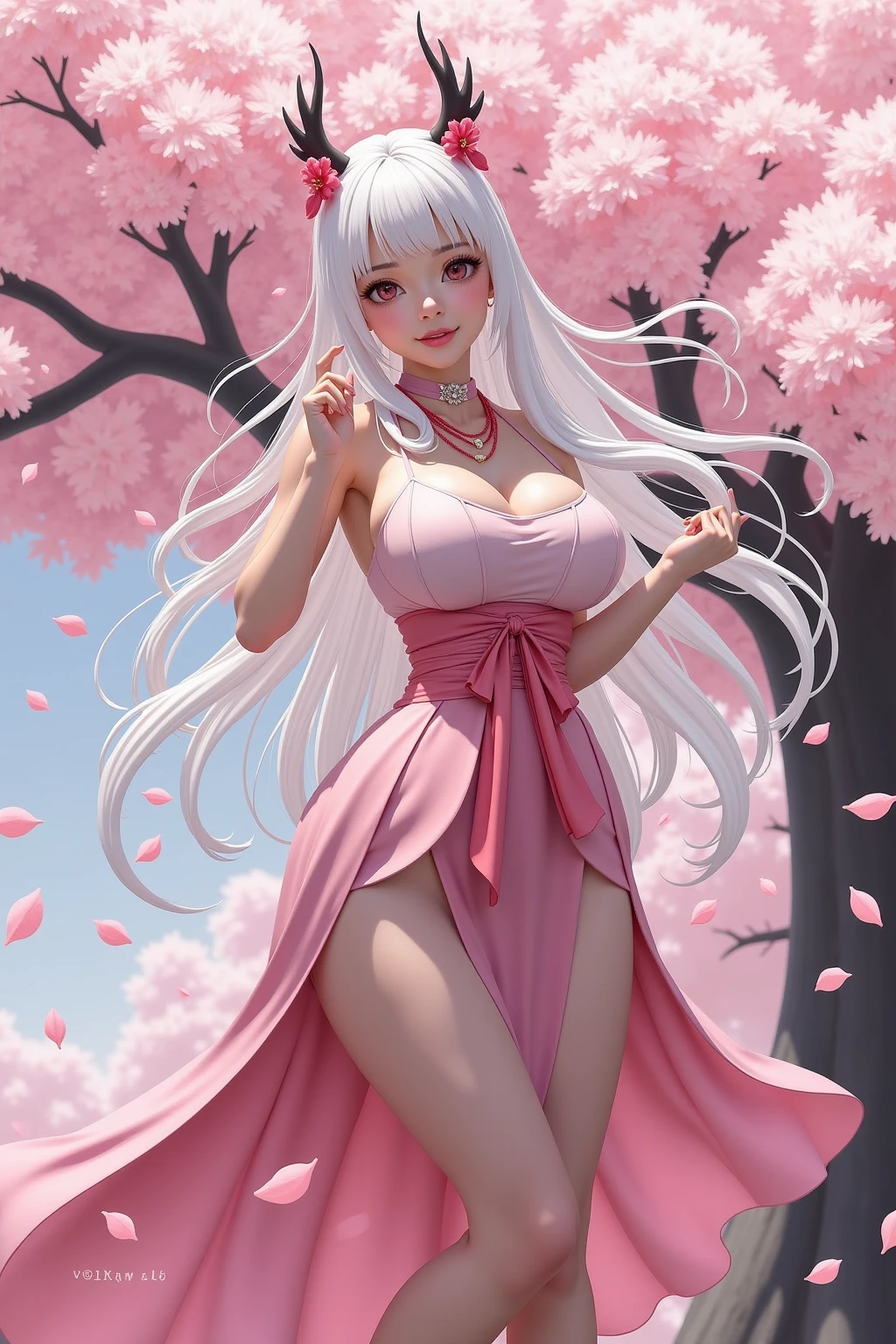 Draw a beautiful albino white sakura having sexy very much larger and wider rose like layered wet pink pussy ( vagina ) , jumping, wearing a red tunic torn from center, sexy, perfect tits, perfect face, dressed up modernly, instagram, 16:9 size, highly detailed face, perfect face, ultra white skin, highly textured realistic anime