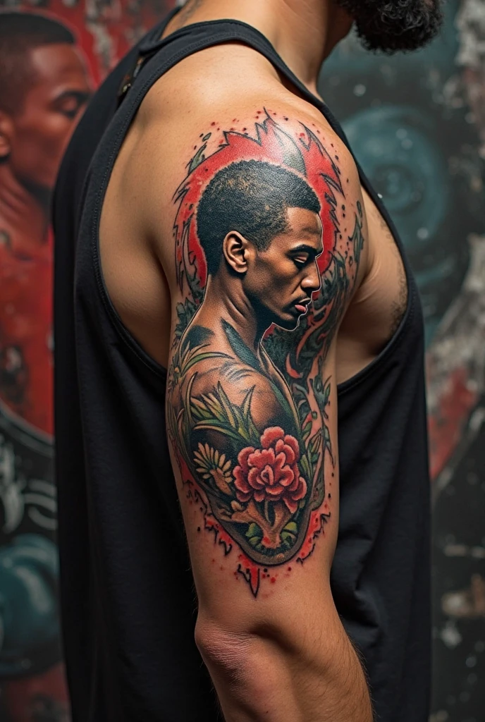 An arm tattooed with flames similar to Chester Bennington's tattoo, the late lead singer of Linkin Park, along with a tattoo related to The Lord of the Rings